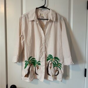 Striped Shirt with Palm Tree & Monkey Embroidery